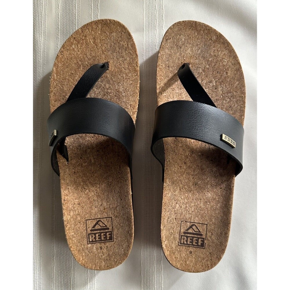 REEF Cushion Sol Hi Platform Flip Flop Sandals Black Tan Womens 9 Cork Wedge EUC
